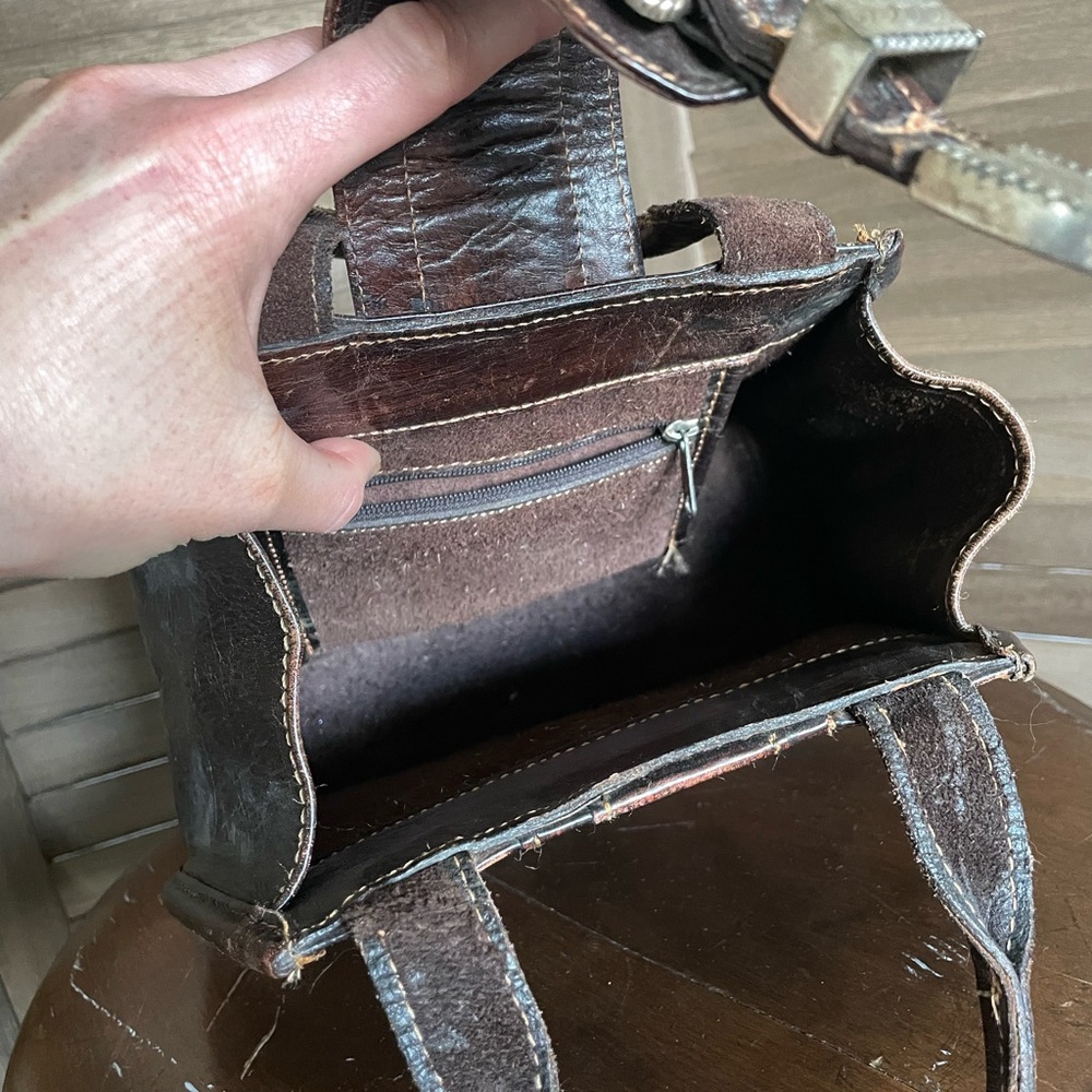 Vintage American West Western Tooled Leather Floral Satchel Tote Handbag Dark - Picture 7 of 10